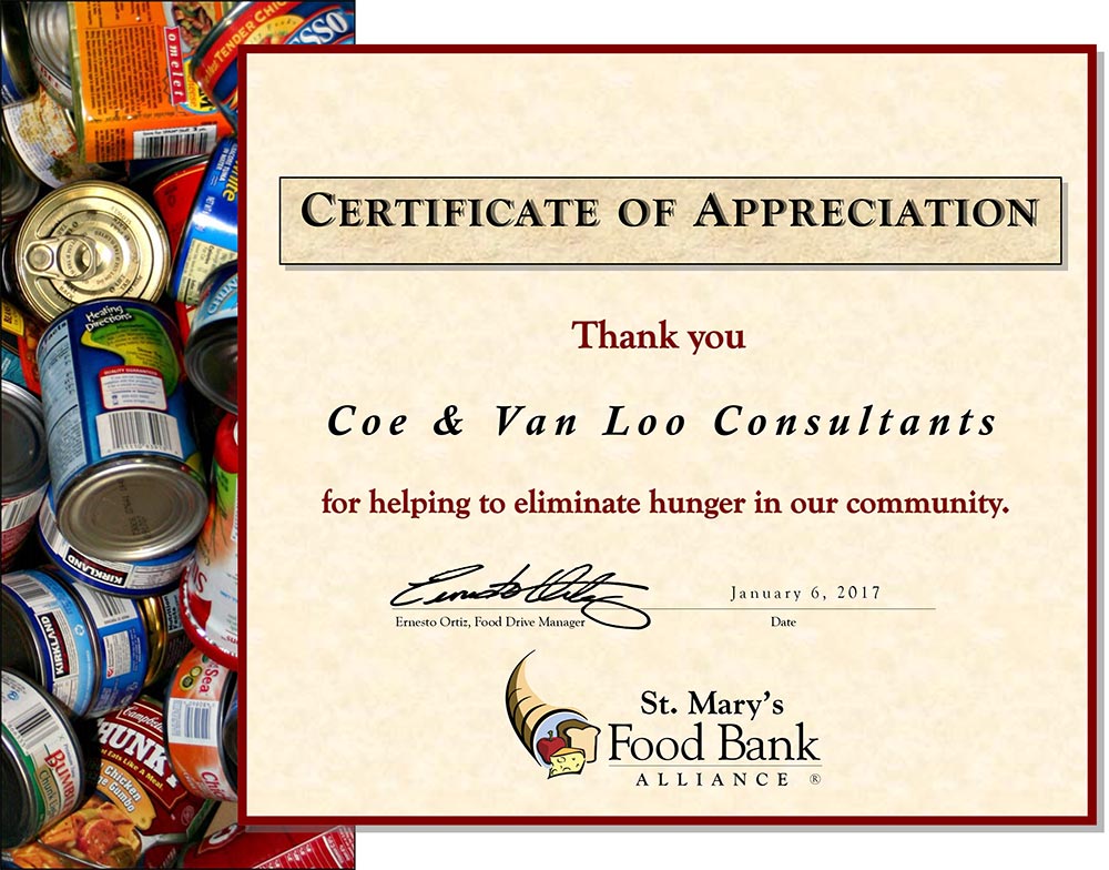 Certificate of Appreciation St. Mary's Food Bank Alliance